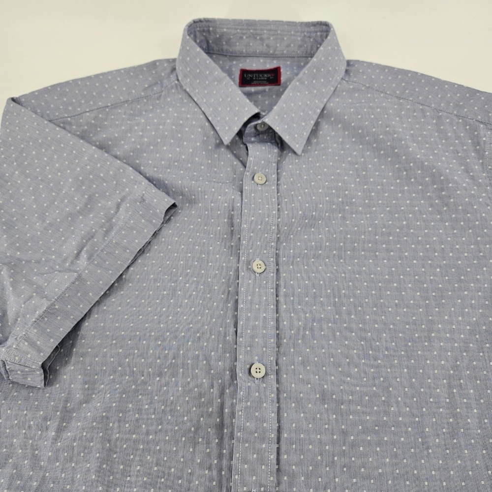UNTUCKit Mens XL Short Sleeve Button Down Shirt Blue White Square Dot‎ Cotton
